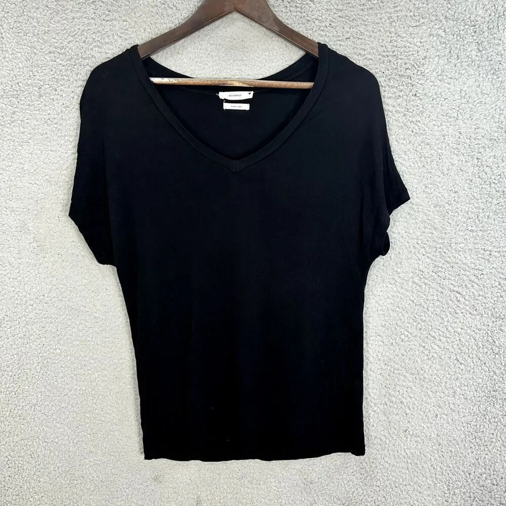 Reserved womens black top small v neck short sleeve bamboo‎ fabric minimalist
